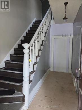Cambridge fourplex for rent - A staircase with a white railing and black steps.