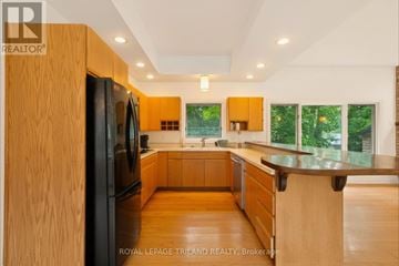 London South (South R) apartment for rent - A modern kitchen with wooden cabinets and a black refrigerator.