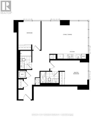 Toronto (North St. James Town) house for rent - A black and white floor plan of a home with a living room, dining room, kitchen, and two bedrooms.