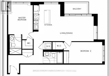 Brampton (Fletcher's Creek South) condo for rent - A black and white floor plan of a house with a master bedroom, kitchen, living/dining area, and two bathrooms.