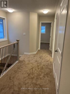 Greater Napanee (Greater Napanee) townhouse for rent - A hallway with beige walls and carpeting, leading to a door with a small window above it.