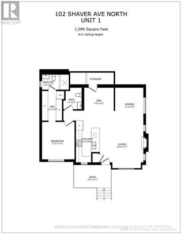 Toronto (Islington-City Centre West) fourplex for rent - A black and white floor plan for a 1,094 square foot home with 9 feet ceiling height.