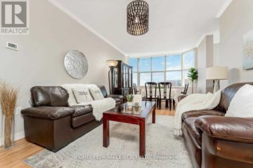 Oakville (Ro River Oaks) condo for rent - A living room with brown leather couches and a wooden coffee table.