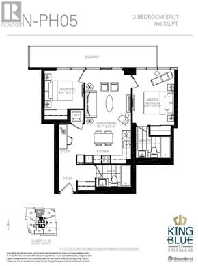 Toronto (Waterfront Communities) condo for rent - A floor plan for a 2 bedroom split apartment.
