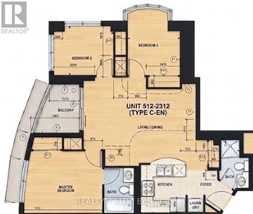 Toronto (Willowdale West) condo for rent - A floor plan for a real estate listing shows a unit with two bedrooms, a balcony, and a living area.