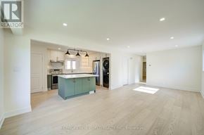 Toronto (Dorset Park) apartment for rent - A spacious kitchen with a blue island and white walls.