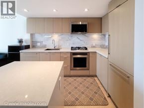 Vancouver apartment for rent - A modern kitchen with a white countertop and a patterned rug on the floor.
