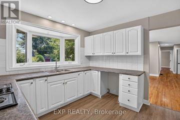 Ottawa apartment for rent - A kitchen with white cabinets and a window overlooking a tree.