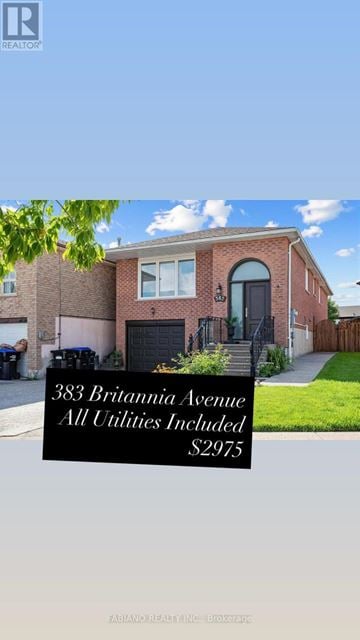 Bradford West Gwillimbury (Bradford) apartment for rent - A house with the text "383 Britannia Avenue All Utilities Included S2975" on a real estate listing.