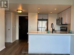 Toronto (Rosedale-Moore Park) condo for rent - A kitchen with a white counter and a black door.