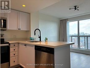 Toronto (Rosedale-Moore Park) condo for rent - A kitchen with white cabinets and a stainless steel dishwasher.