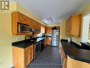 Orangeville apartment for rent - A kitchen with wooden cabinets and black countertops.