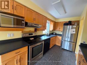 Orangeville apartment for rent - A kitchen with wooden cabinets and a black countertop.