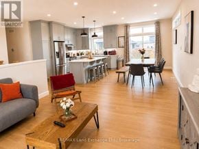 Saugeen Shores apartment for rent - A modern kitchen and living room with wooden floors and furniture.