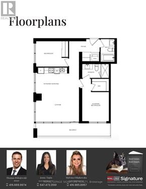 Mississauga (City Centre) condo for rent - A floor plan for a real estate listing is displayed with contact information for the agents.