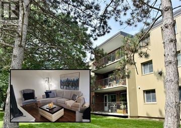 Kitchener condo for rent - A modern two-story apartment building with a balcony and a living room with a couch and a coffee table.