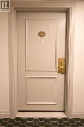 Toronto (Downsview-Roding-Cfb) condo for rent - A white door with a gold handle and a sign above it that says 205.