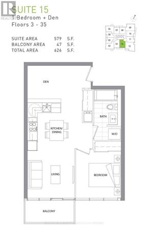 Toronto (Waterfront Communities) condo for rent - A floor plan for a suite with a bedroom, den, and balcony.
