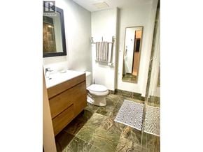 Vancouver apartment for rent - A bathroom with a toilet, sink, and shower.