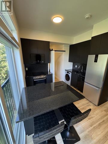 Ottawa multi-family for rent - A kitchen with black cabinets and a granite countertop.
