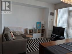Toronto (Waterfront Communities) condo for rent - A living room with a grey couch and a black and white striped rug.