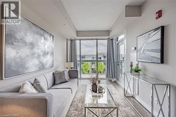 Burlington condo for rent - A well-lit, modern living room with a grey sofa, a glass coffee table, and a large painting on the wall.