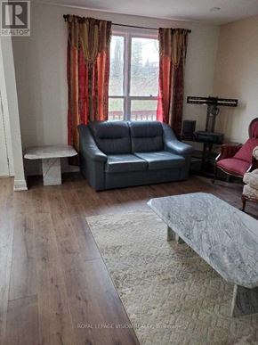 Fort Erie (Central) duplex for rent - A living room with a black leather couch and a grey rug.