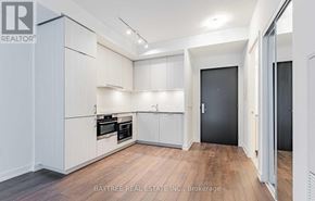 Toronto (Moss Park) condo for rent - A spacious kitchen with white cabinets and a black door.