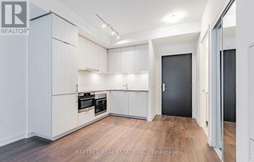 Toronto (Moss Park) condo for rent - A spacious kitchen with white cabinets and a black door.