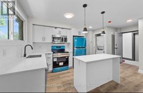 London South (South J) multi-family for rent - A kitchen with white cabinets and a blue fridge.