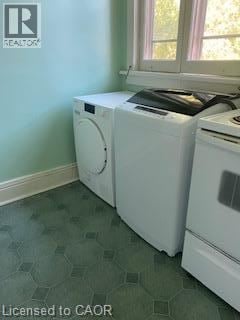 Hamilton apartment for rent - A white dryer and washing machine in a laundry room.