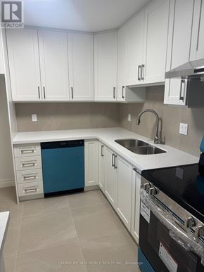 Toronto (Willowdale East) condo for rent - A kitchen with white cabinets and a blue dishwasher.