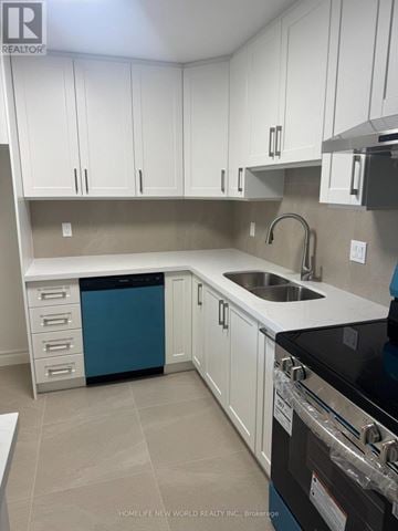 Toronto (Willowdale East) condo for rent - A kitchen with white cabinets and a blue dishwasher.