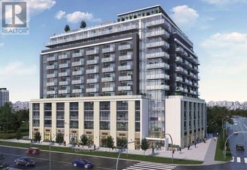 Toronto (Glenfield-Jane Heights) condo for rent - A modern multi-story building with a glass facade and a sign that reads "REALTOR".