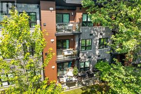 St. Catharines (Lakeport) condo for rent - A modern apartment building surrounded by trees.