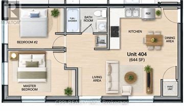 Port Colborne (Main Street) townhouse for rent - A floor plan of a 644 square foot apartment with a master bedroom, a bedroom #2, a living area, a kitchen, a dining area, a bathroom, and a reference area.