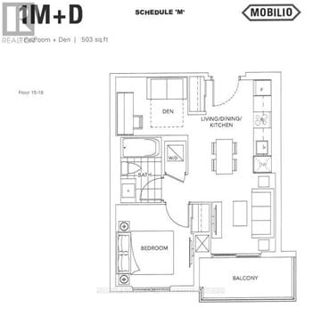 Vaughan (Vaughan Corporate Centre) condo for rent - A floor plan for a Mobilio apartment shows a bedroom, bathroom, living area, and kitchen.