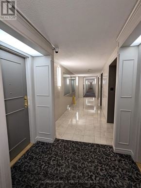 Mississauga (Cooksville) condo for rent - A hallway with a black and white carpet and white walls.