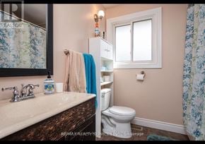 Cambridge apartment for rent - A bathroom with a toilet, sink, and shower curtain.