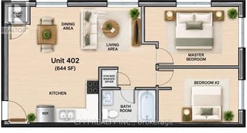 Port Colborne (Main Street) townhouse for rent - A floor plan of a 402 square foot apartment with a kitchen, bathroom, two bedrooms, and a living area.