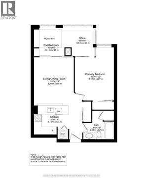 Toronto (Niagara) condo for rent - A black and white floor plan of an apartment with a living area, two bedrooms, a kitchen, and a bathroom.