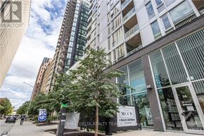 Ottawa apartment for rent - A tall building with a glass facade stands next to a tree and a street sign.