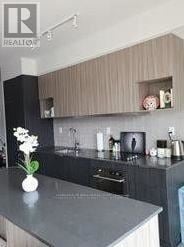 Toronto (Banbury-Don Mills) condo for rent - A kitchen with a black countertop and a vase with white flowers on it.