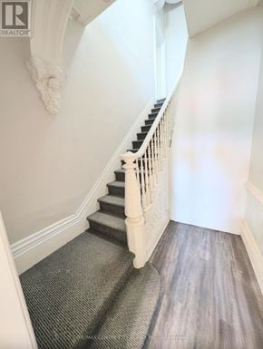 London East (East K) multi-family for rent - A staircase with a carpeted runner and wooden steps.