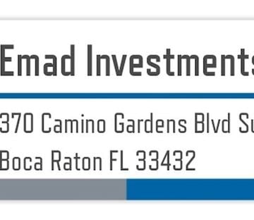West Palm Beach apartment for rent - A sign with the name Emad Investments and an address in Boca Raton, Florida.