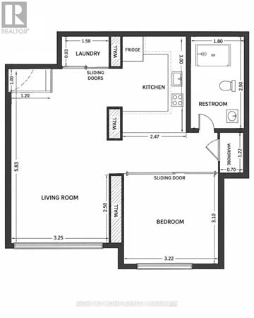 Mississippi Mills apartment for rent - A floor plan of a small apartment with a living room, bedroom, kitchen, and bathroom.