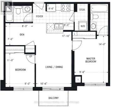 Toronto (Englemount-Lawrence) condo for rent - A black and white floor plan of an apartment with a living room, dining room, kitchen, and two bedrooms.