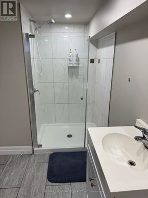Kitchener apartment for rent - A bathroom with a sink, mirror, and walk-in shower.