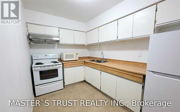Toronto (Kensington-Chinatown) condo for rent - A kitchen with white cabinets and a wooden countertop.