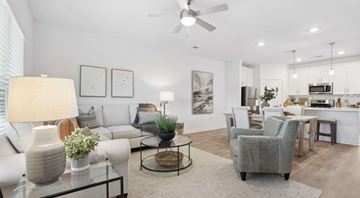 Carolina Shores apartment for rent - A well-lit living room with a glass coffee table and a grey armchair.